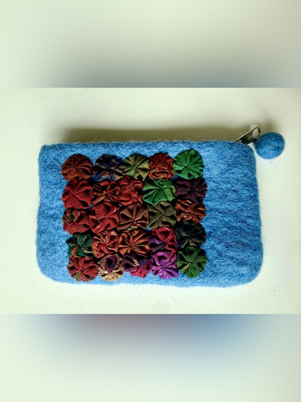 Blue Felt Wool Clutch Purse Makeup Pouch Multicolor FLORAL Handmade Nepal